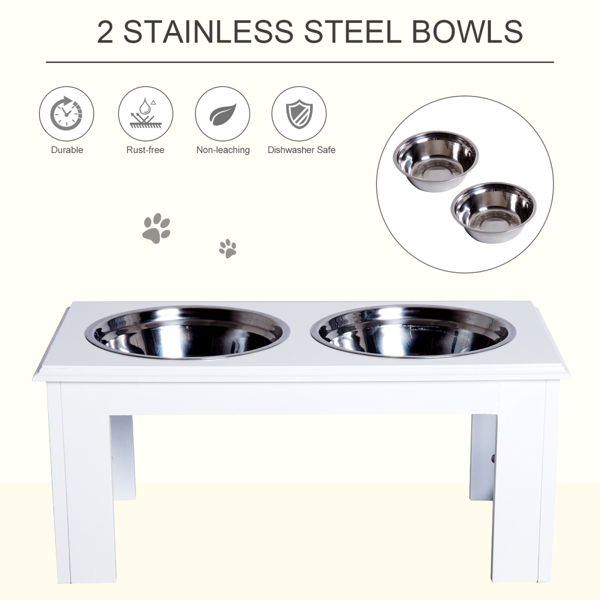 Raised Pet Feeder Elevated Double Staninless Steel Bowls Stand Water White