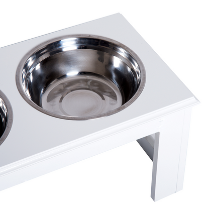 Raised Pet Feeder Elevated Double Staninless Steel Bowls Stand Water White
