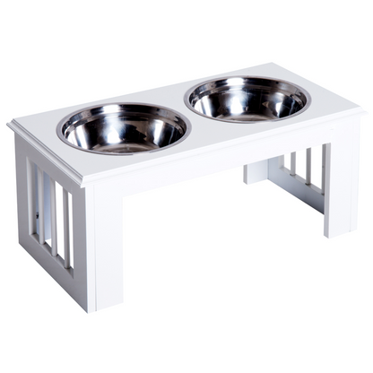 Raised Pet Feeder Elevated Double Staninless Steel Bowls Stand Water White